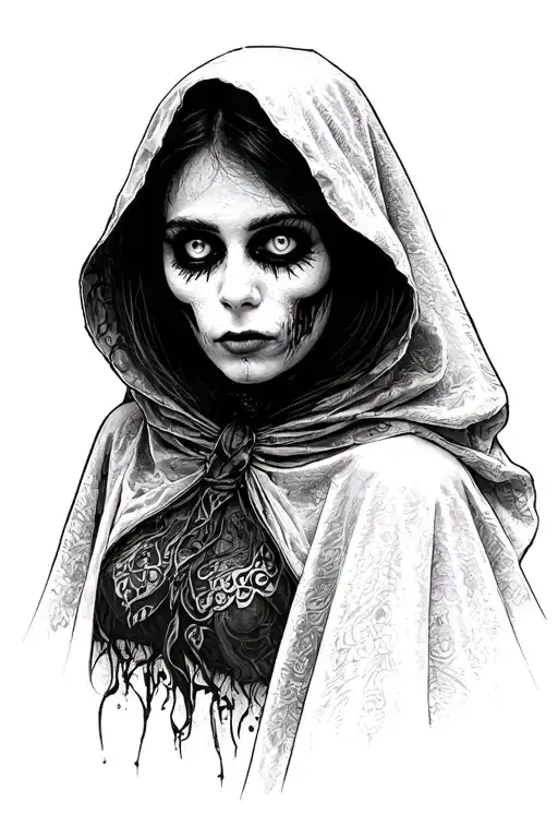 Woman With White Out Eyes Creepy With Cloak