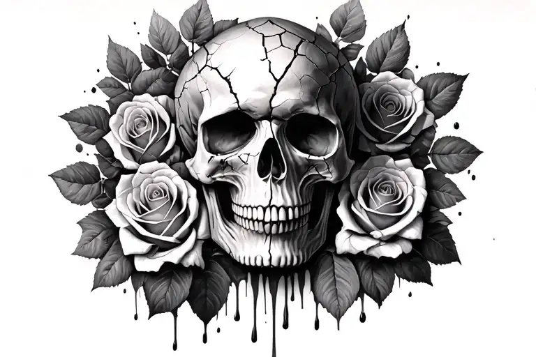Cracked Bleeding Skull With Roses Underneath It