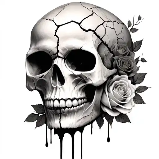 Cracked Bleeding Skull With Roses Underneath It