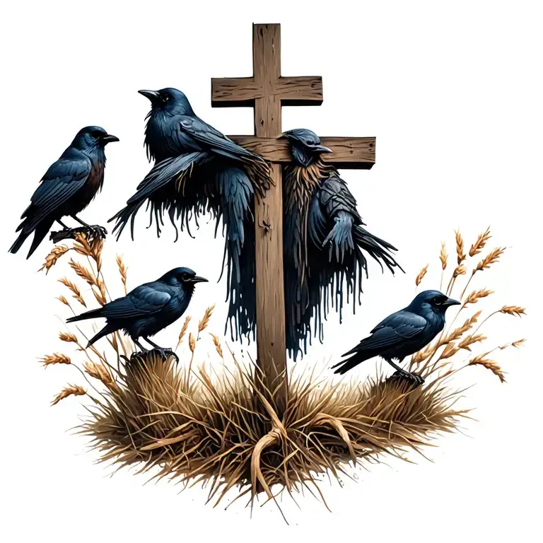 Old Scare Crow Perched On A Cross Surrounded By Wilted Crops And Crows