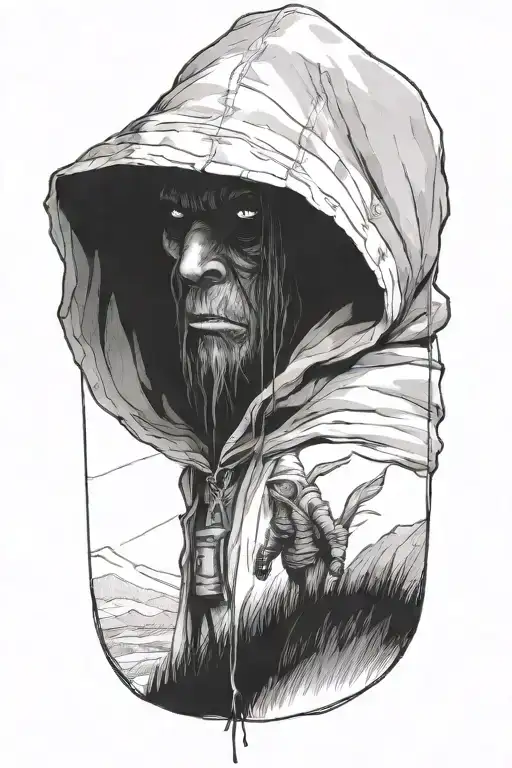 A Small Woman And A Giant Hooded Beast Walking Side By Side