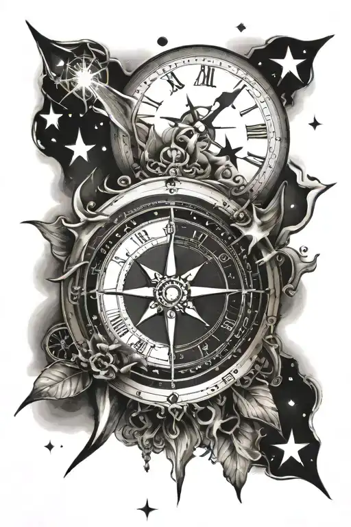 Half Clock Half Compass Surrounded By Various Stars
