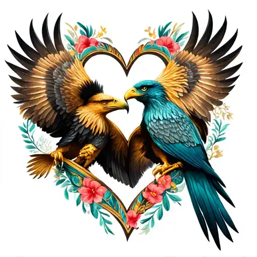Quetzal And Golden Eagle In The Shape Of A Heart