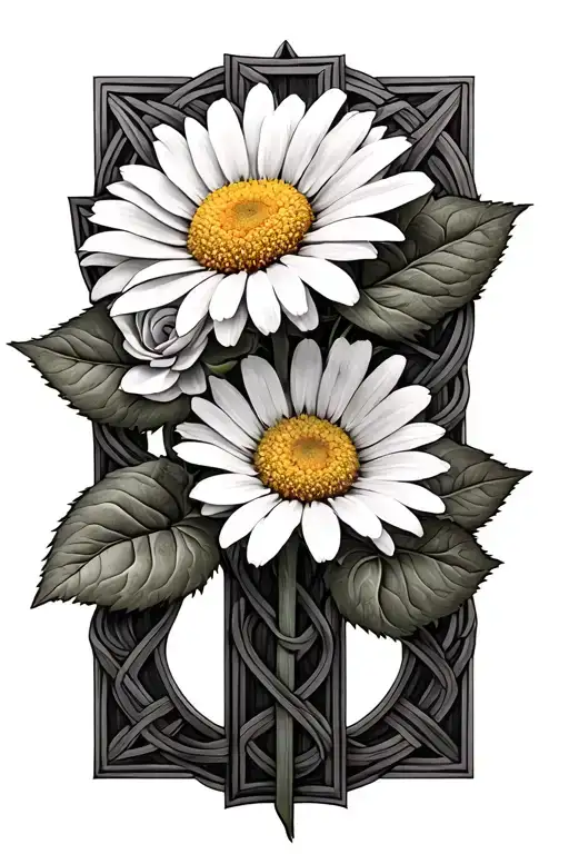 Daisy Flower Intertwined With Two Roses Intertwined In Front Of Celtic Cross