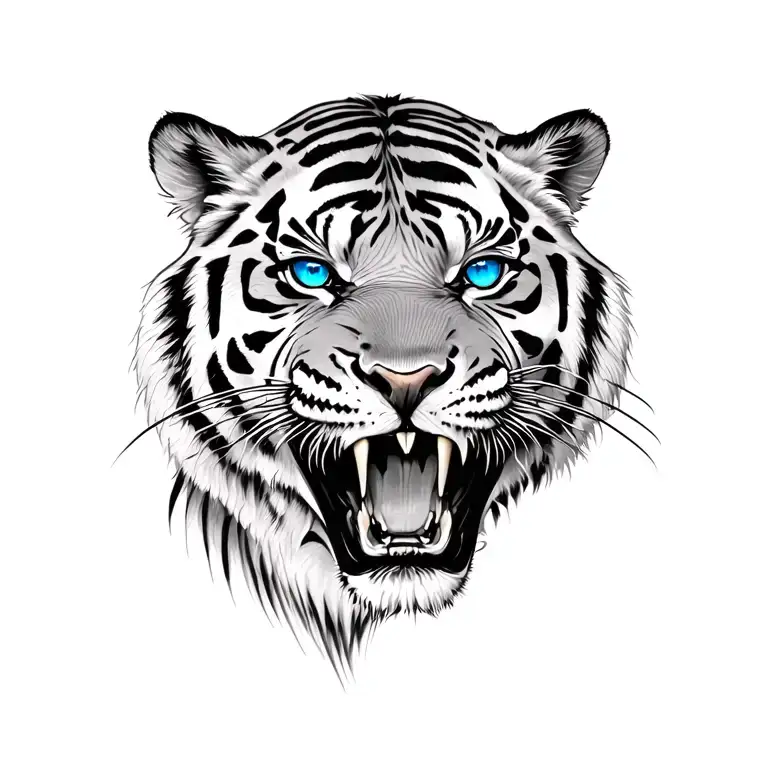 A Tiger Face That Roars With Your Head A Little Turned To The Right With Blue Eyes