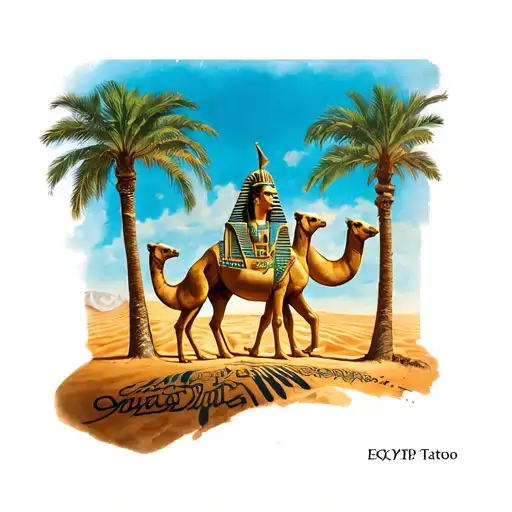 Egypt God Tattoo With Camels And Palm Trees