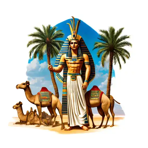 Egypt God Tattoo With Camels And Palm Trees In The Back Ground