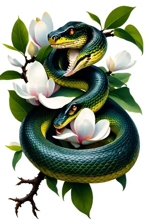 Snake Climbing On Magnolia Branch