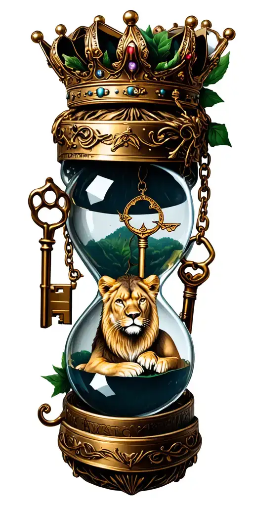 Queen Crown Lioness Vines Broken Hour Glass Locket With Two Keys