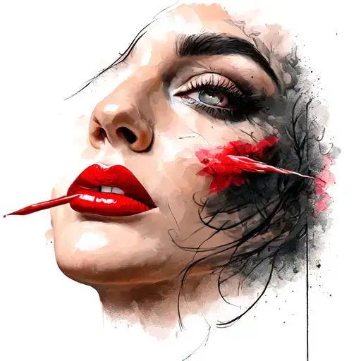 Woman With Red Lips And Red Nails Sticking