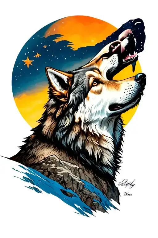 Realistic Wolf Howling On Mountain With Moon In The Background