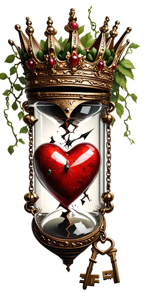 Queen Crown Lioness Vines Broken Hour Glass Heart Locket With Two Keys