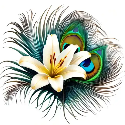 Peacock Feather With Realistic Lilly Flower Inbetween