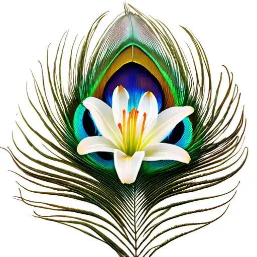 Peacock Feather With Realistic Lilly Flower Inbetween