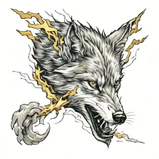 Wolf Surrounded By Golden Lightning Bolts