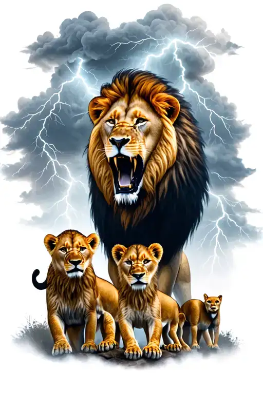 Lion Roaring With Cubs In A Lightning Storm Clouds