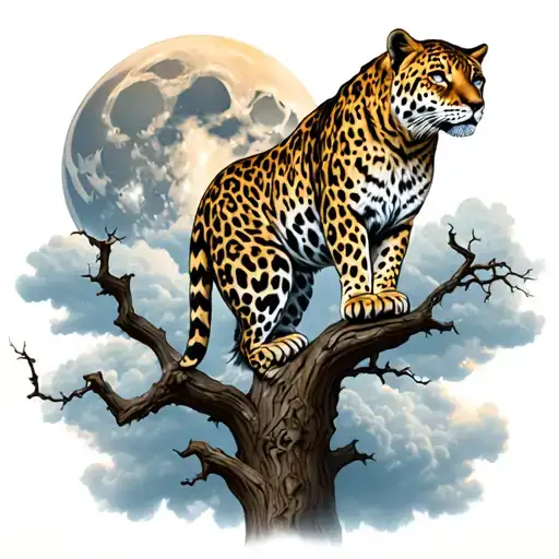 Leopard In A Tree With Full Moon Bursting Through Clouds