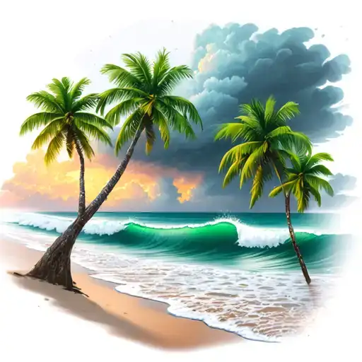 Beach With Palm Trees And Waves With A Storm In The Distance