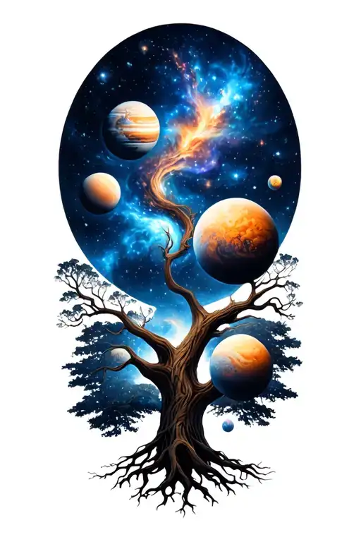 Yggdrasil Tree With Planets Stars And Nebulas