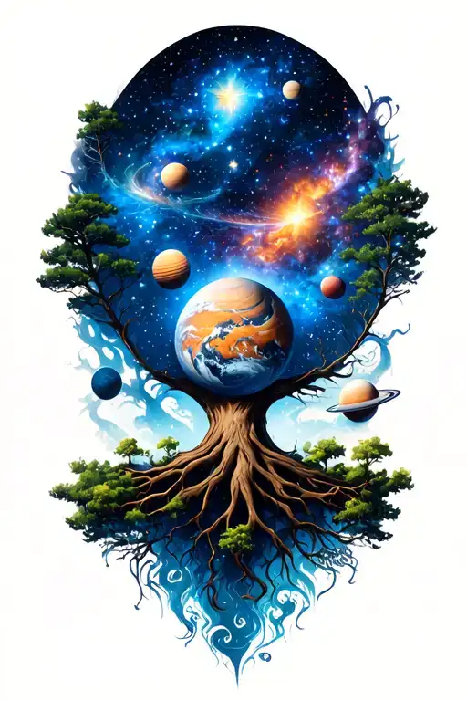 Yggdrasil Tree With Planets Stars And Nebulas