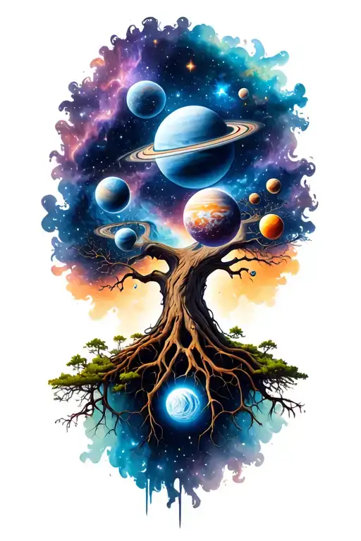 Yggdrasil Tree With Planets Stars And Nebulas