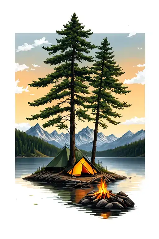 Lake With Trees And Mountains With A Campfire And Tent On The Shore