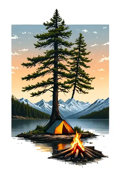 Lake With Trees And Mountains With A Campfire And Tent On The Shore