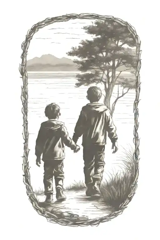Siloutte Of An Older Brother And Younger Brother Walking Away Hand In Hand
