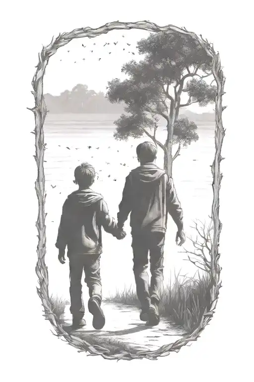 Siloutte Of An Older Brother And Younger Brother Walking Away Holding Hands With A Gum Tree