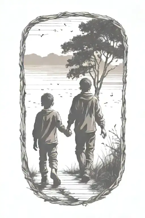 Siloutte Of An Older Brother And Younger Brother Walking Away Holding Hands