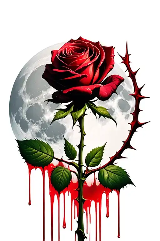 Long Stem Rose With Thorns Dripping Blood With A Full Moon In The Background