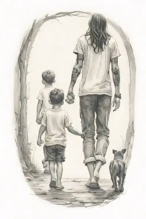 A Woman And 2 Small Brothers One Older Than The Other Walking Away Hand In Hand