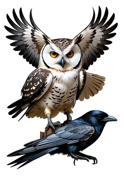 White Owl Perched With Crow Flying Onto Stump