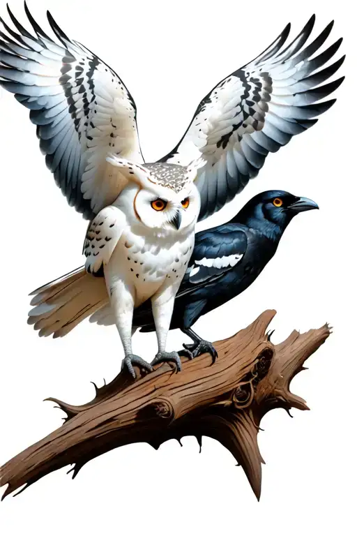 White Owl Perched With Crow Flying Onto Stump