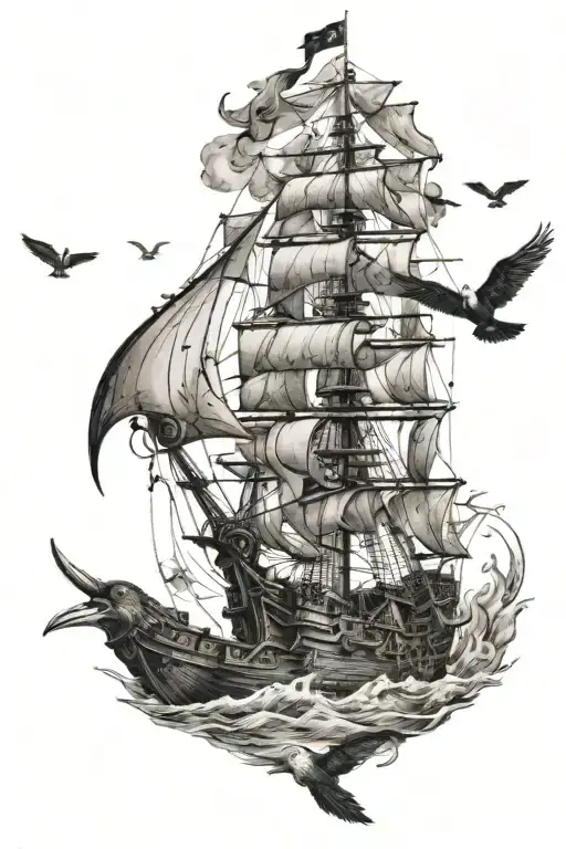 Pirate Ship Collage With A Bottle And A Bird Flying Away