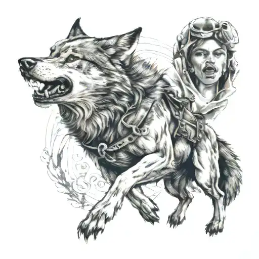 A Woman Riding An Angry Looking Wolf