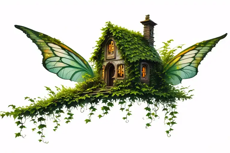 Fairy Flying Cottage Overgrown With Ivy
