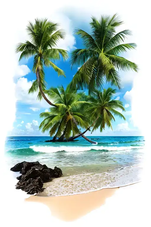 Beach With Palm Trees In The Back Of The Sea