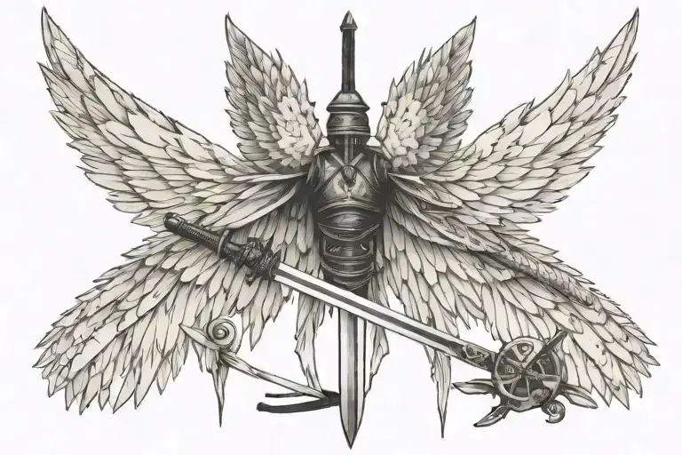 Wings Tatto With Katana In Middle Part