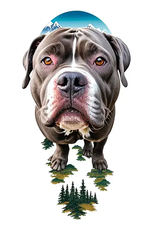 Light Looking Pitbull Dog With Background Of Trees And Mountains