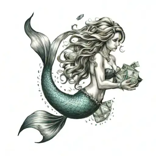 Mermaid Holding Money Bag And Diamond In The Sea