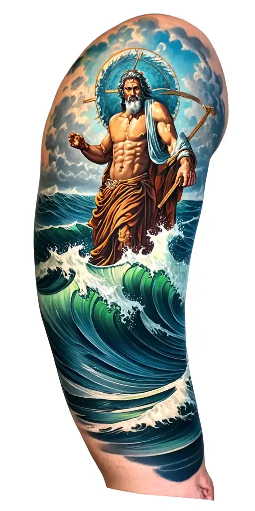 Lower Section The God Posideon Under The Waves In Color Causing The Storm