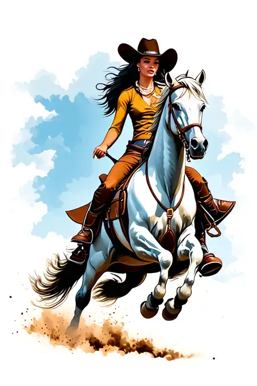 Vintage Western Faceless Cowgirl With Long Dark Hair Riding A Horse Jumping