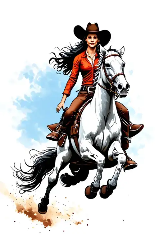 Vintage Western Skull Faced Cowgirl With Long Dark Hair Riding A Horse Jumping
