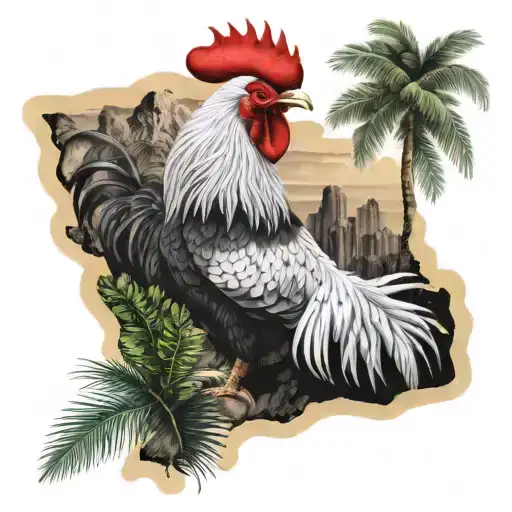 Rooster In Tropical Setting With Mountian