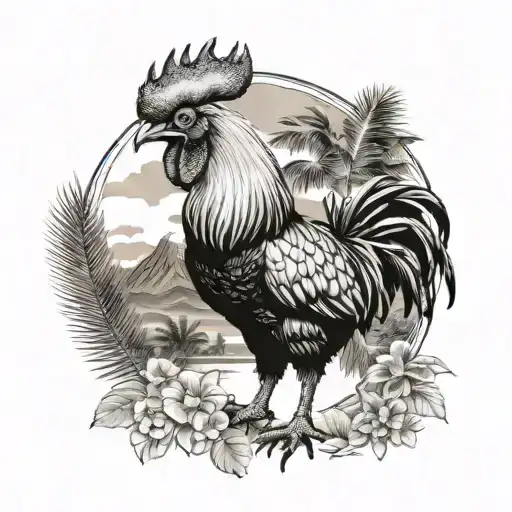 Rooster In Tropical Setting With Mountian