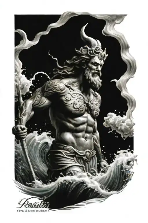 Poseidon Coming From Wild Sea Waves
