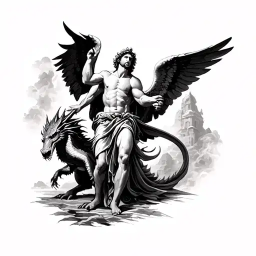 Tattoo Stencil Design Of Saint Michael The Archangel Defeating The Dragon