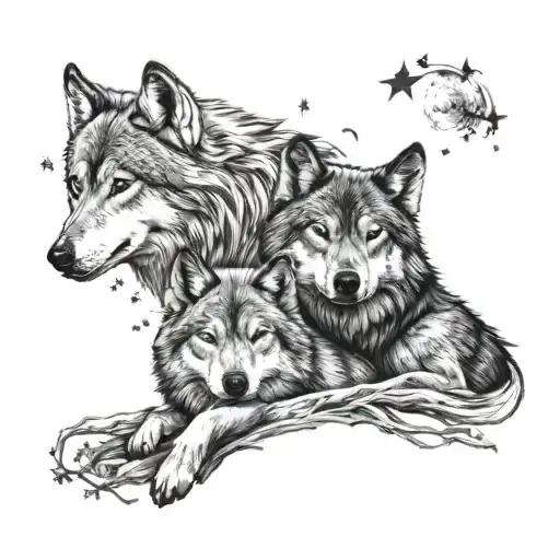 Two Wolves Laying Next To Each Other In The Forest Under The Stars