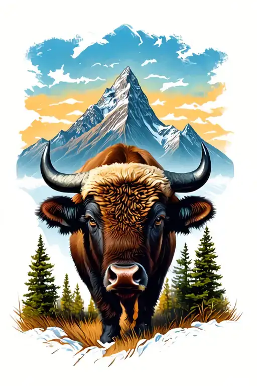 Buffalo With Mountains And Trees